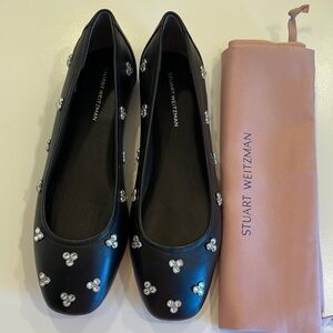 New Stuart Weitzman Black Leather Flats. Rhinestone embellished. Size 9.